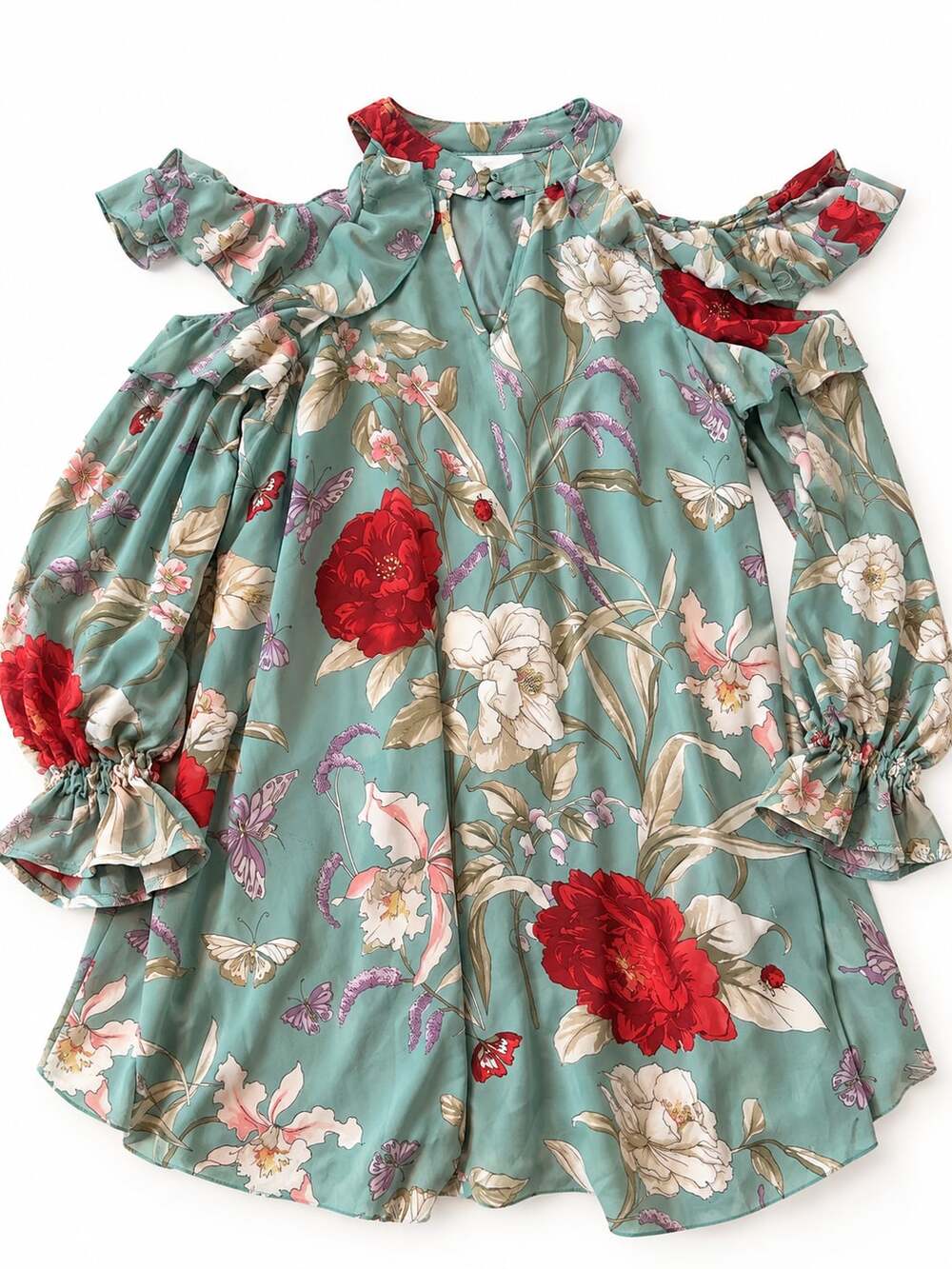 Umgee USA Cold Shoulder Floral Ruffled Sleeve Dress S (w1)
